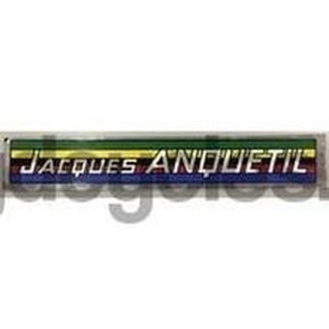 ANQUETIL metalised down-tube panel with rainbow band background.