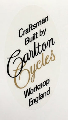 CARLTON seat decal. "craftsman built by Carlton Cycles Worksop England"