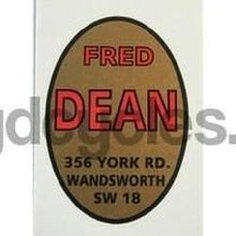 FRED DEAN. Oval head/seat transfer with 356 York Road address. Red/black/gold