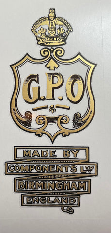 GPO "Made by Components Ltd." gold/black seat transfer with crown and ordnance mark