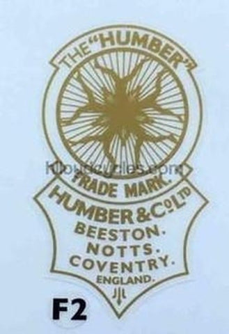 HUMBER head/seat transfer in plain gold with "Nymphs" and "Beeston, Notts. Coventry"
