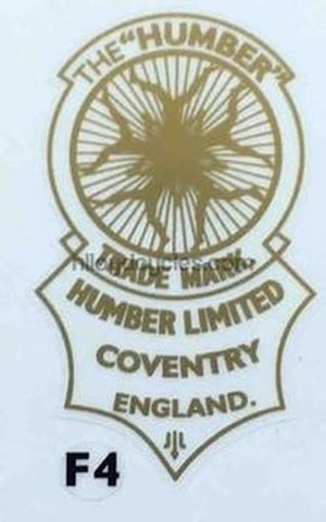 HUMBER head/seat transfer in plain gold with "Nymphs" and "Humber Limited, Coventry, England" (Note, LIMITED, not Co. Ltd.)
