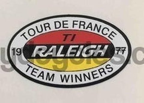 RALEIGH detail. Oval decal used chainstay. "1977 Tour De France Team Winners" Red/Yellow/black centre.